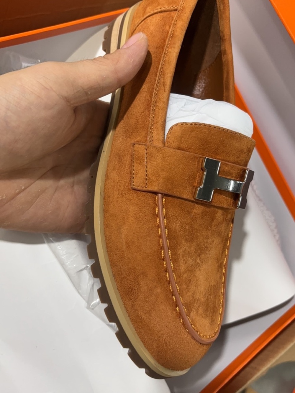 Woman’s Suede Loafers in Cognac Brown with Metal Accent